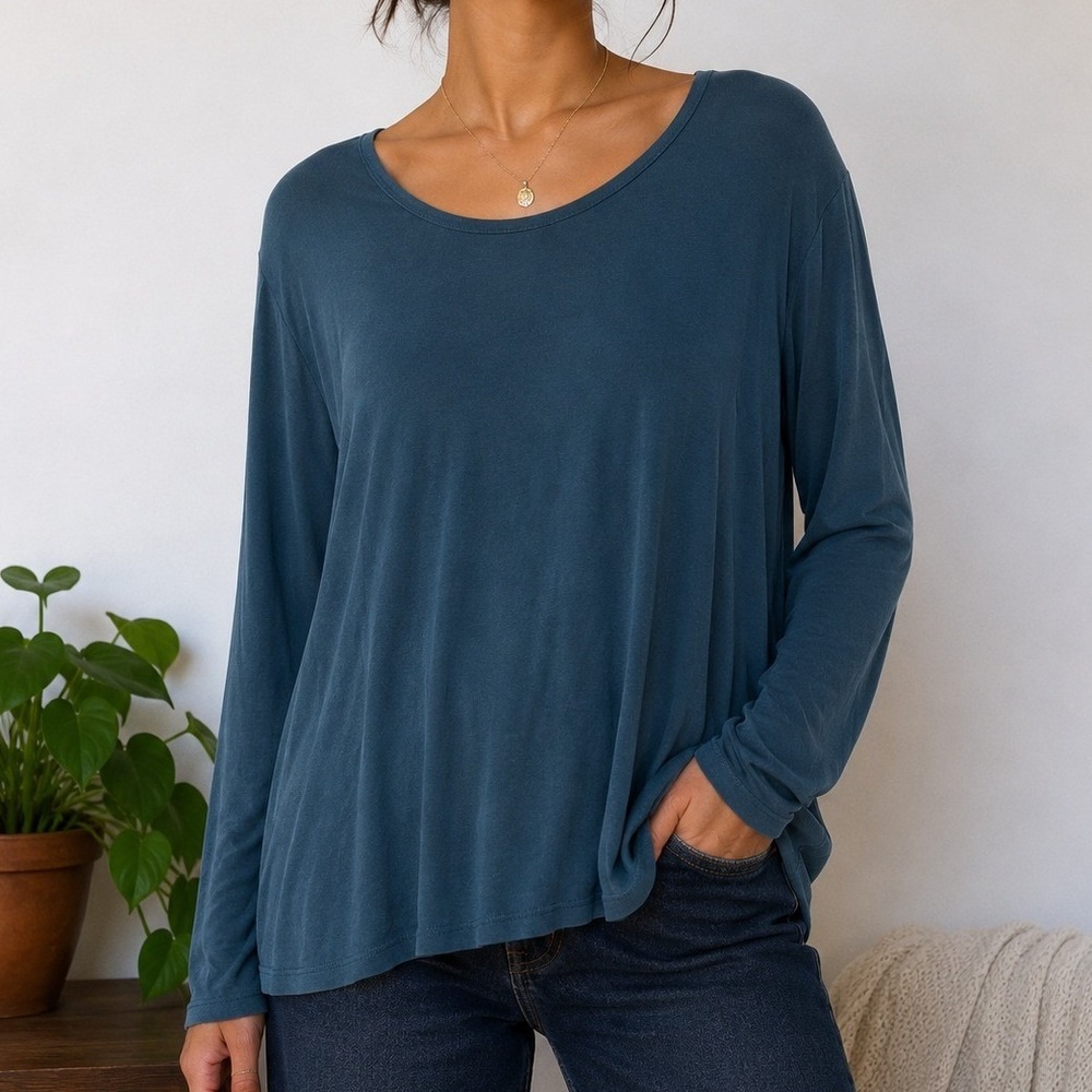 Talbots Pima Cotton Long Sleeve Tee XL Blue Quiet Luxury Casual Basic Top